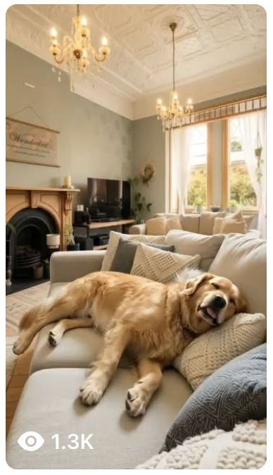 Signature reel frame: lounge interior with a golden retriever