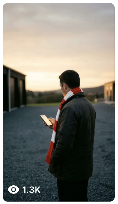 Signature reel frame: man in a red and white scarf at dusk